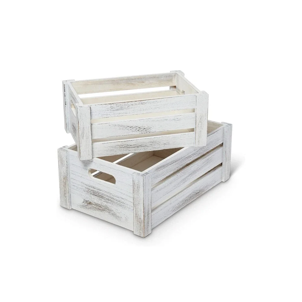 Farmhouse Wooden Crate Set | Whitewashed Nesting Storage Boxes Set of 2